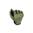 Closed fist view of the PIG FDT OPFOR Glove in Ranger Green showcasing the molded TRP back-of-hand protection and flexible tactical glove construction.