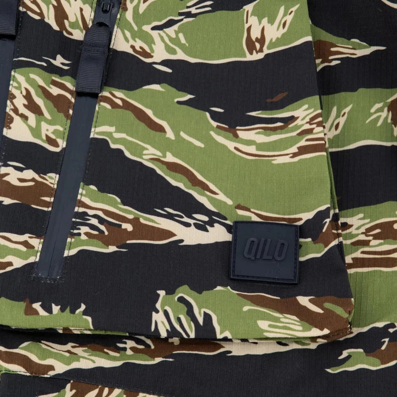 QILO Nordwind WR Browning Jacket in OV Tiger Stripe close-up of QILO branding | QILO NYC streetwear camo jacket with waterproof DWR finish, 4-way stretch, and AquaGuard zippers - one of the best camo jackets with branding detail for tactical and urban wear.