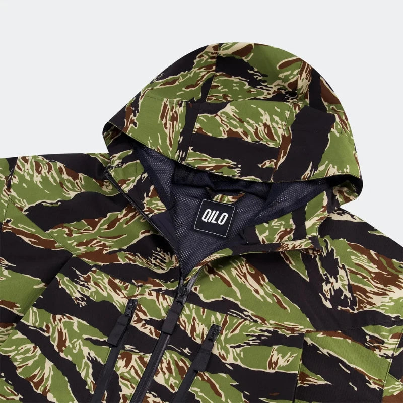 QILO Nordwind WR Browning Jacket in OV Tiger Stripe close-up on hood and AquaGuard zippers | QILO NYC hooded camo streetwear jacket with waterproof DWR finish and 4-way stretch — one of the best hooded camo jackets for tactical and urban wear.