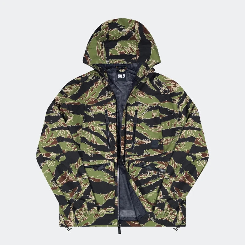 QILO Nordwind WR Browning Jacket in OV Tiger Stripe shown with hood and inside lining | QILO NYC streetwear camo jacket with waterproof DWR finish, 4-way stretch, and AquaGuard zippers - one of the best camo jackets with hood for urban and tactical use.