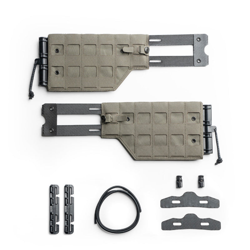 Set of ranger green tactical cummerbund components including straps and connectors on a white background