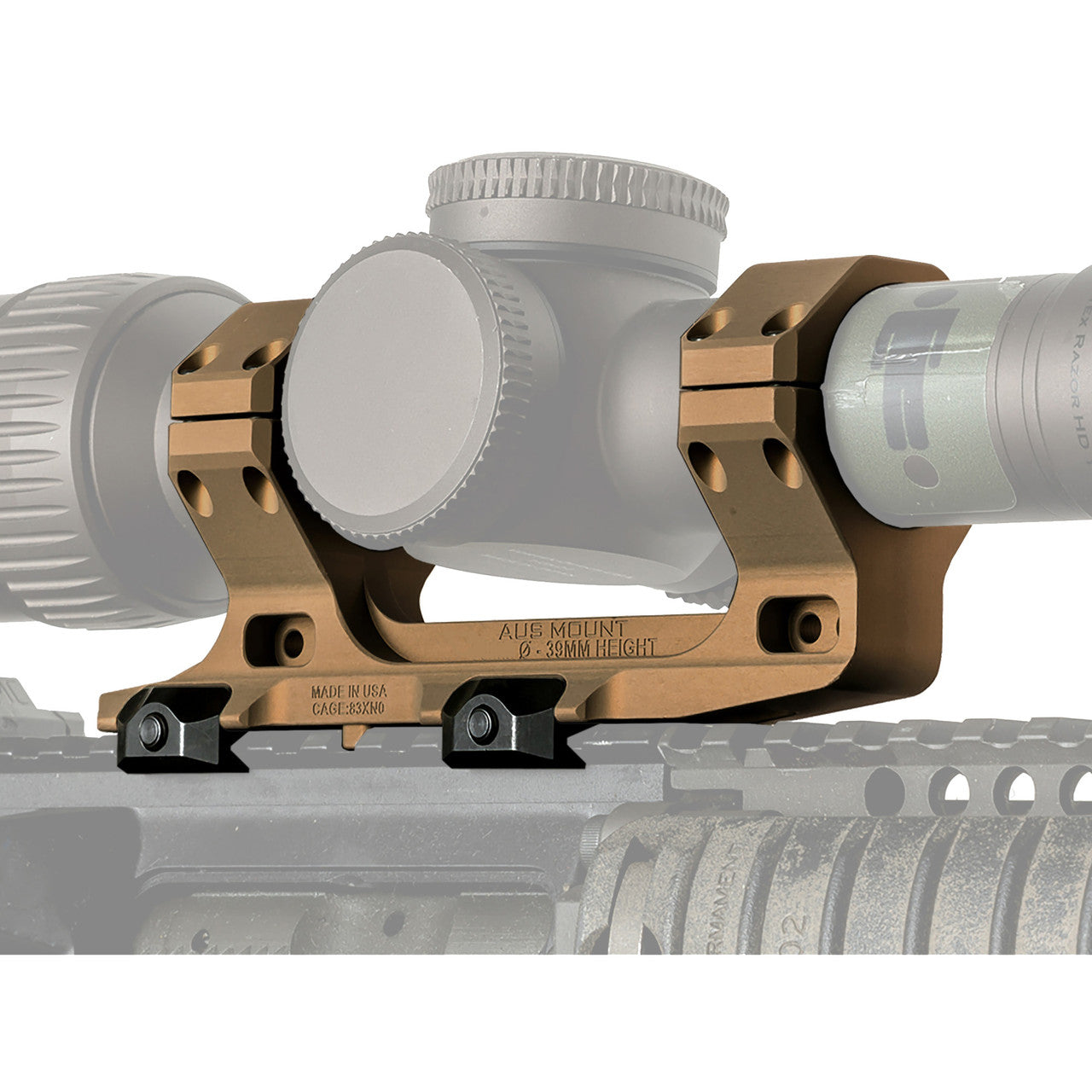 Reptilia AUS 34mm Optic Mount 1.54 inch in FDE mounted on flat top receiver compatible with 34mm scope and ROF accessories