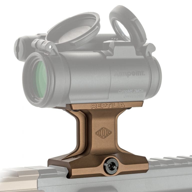 Reptilia DOT Mount 1.93 for Aimpoint Micro in FDE mounted on M1913 Picatinny rail configured for elevated red dot shooting position