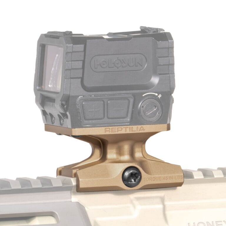 Reptilia DOT Mount 1.93 for Holosun AEMS in FDE mounted on M1913 Picatinny rail showing elevated red dot setup