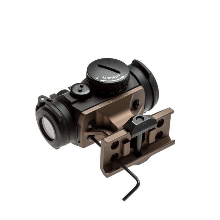Bottom view of the Reptilia DOT Mount showing the Picatinny clamp, nitrided steel hardware, and 7075 T6 aluminum construction designed for secure lower one third co witness mounting of Aimpoint T1 and T2 compatible optics.
