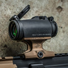 Reptilia DOT Mount shown in use mounted on a rifle Picatinny rail demonstrating the lower one third co witness height and secure 7075 T6 aluminum design for Aimpoint T1 and T2 style optics.