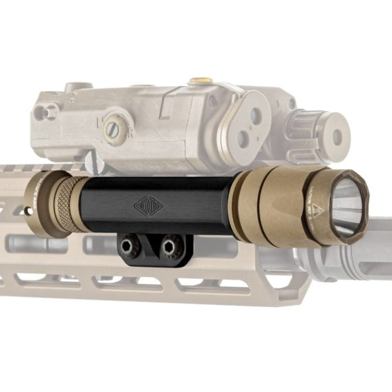 Reptilia TORCH 6V CR123 M-LOK Light Body in Black mounted on rifle rail compatible with Surefire M600 Scout components