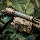 Reptilia TORCH 6V CR123 M-LOK Light Body installed on modern rifle platform configured with laser and weapon light for tactical use