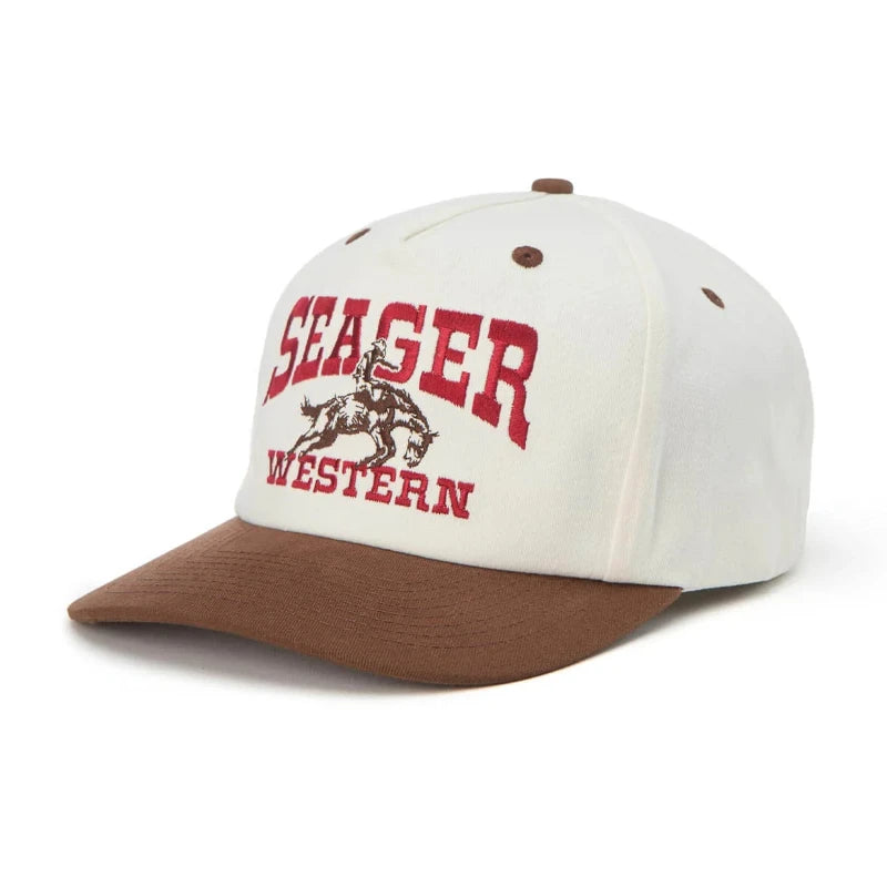 White and brown cap with 'Seager Western' logo on a white background