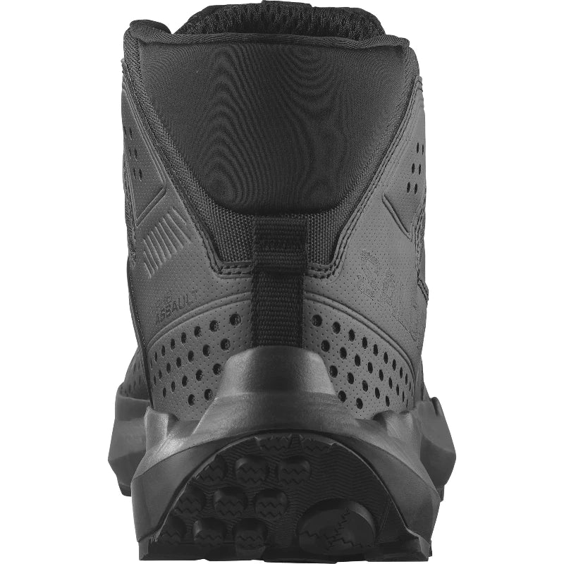 Rear heel view of Salomon FORCES Amphib Assault amphibious tactical shoes, fast drying maritime footwear with reinforced heel counter, drain zones, Contagrip outsole, and lightweight Matryx Kevlar upper built for shoreline operations and wet terrain movement