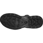 Outsole view of the Salomon FORCES Quest 4D 2 High GTX in Black showing the rugged rubber traction pattern engineered for military operations, mountain terrain, extended rucking, and high stability tactical movement.