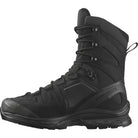 Side view of the Salomon FORCES Quest 4D 2 High GTX in Black showing the waterproof GORE TEX upper, 4D Advanced Chassis stability system, and high cut ankle support built for military operations, rugged mountain terrain, extended rucking, and demanding field missions.