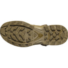 Outsole view of the Salomon FORCES Quest 4D 2 High GTX in Coyote showing the rugged rubber traction pattern engineered for military operations, mountain terrain, extended rucking, and high stability tactical movement.