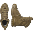 Pair view of the Salomon FORCES Quest 4D 2 High GTX in Coyote showing the waterproof GORE TEX construction, high cut support, and 4D Advanced Chassis stability built for military operations, rugged terrain patrols, extended rucking, and assault missions.