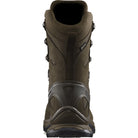 Back heel and ankle view of the Salomon FORCES Quest 4D 2 High GTX in Earth Brown showing the high cut support, reinforced heel structure, and waterproof GORE TEX tactical design built for military operations, rugged terrain patrols, extended rucking, and demanding field missions.