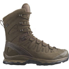 Product shot of the Salomon FORCES Quest 4D 2 High GTX in Earth Brown showing the waterproof GORE TEX tactical mountain boot with 4D Advanced Chassis stability built for military operations, rugged terrain patrols, extended rucking, and high support field missions.