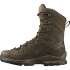 Side view of the Salomon FORCES Quest 4D 2 High GTX in Earth Brown showing the waterproof GORE TEX upper, 4D Advanced Chassis stability system, and high cut ankle support built for military operations, rugged mountain terrain, extended rucking, and demanding field missions.