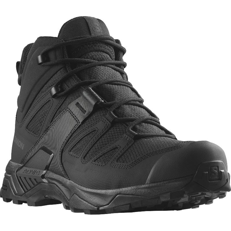 Three quarter view of the Salomon FORCES X Ultra Mid Black showing the reinforced toe, non reflective tactical upper, and secure lacing system on this lightweight military boot built for law enforcement, mountain trekking, urban operations, and high tempo missions with Advanced Chassis stability and All Terrain Contagrip traction.