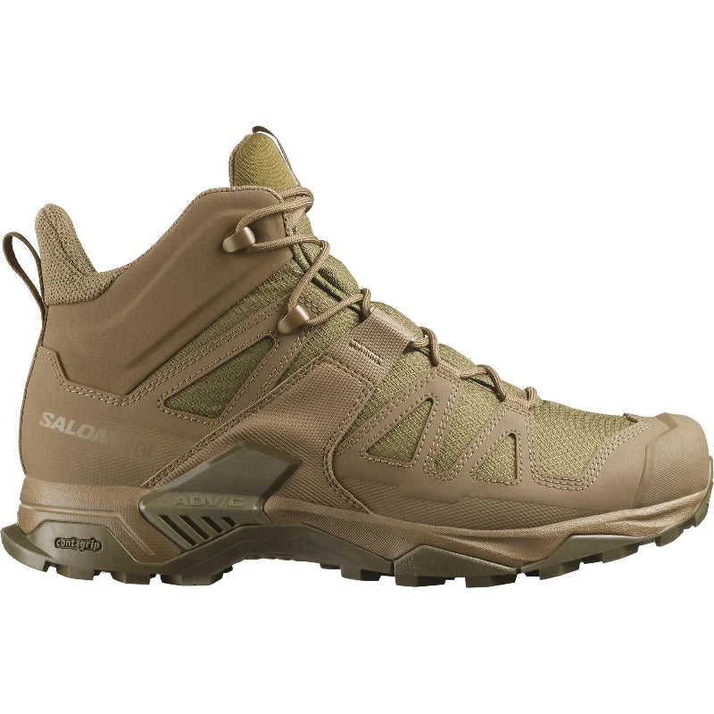 Product shot of the Salomon FORCES X Ultra Mid in Coyote showing the lightweight tactical boot with Advanced Chassis stability, non reflective materials, and All Terrain Contagrip traction built for military operations, law enforcement duty, mountain trekking, and rugged outdoor missions.