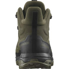 Back heel view of the Salomon FORCES X Ultra Mid in Ranger Green showing the reinforced heel counter, non reflective tactical materials, and Advanced Chassis stability built for military operations, law enforcement duty, mountain trekking, and rugged outdoor missions.