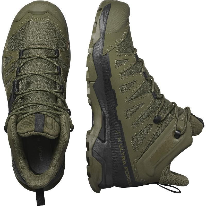 Pair view of the Salomon FORCES X Ultra Mid in Ranger Green showing the lightweight tactical design with Advanced Chassis stability and All Terrain Contagrip traction built for military operations, law enforcement duty, mountain trekking, and rugged outdoor movement.
