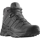 Front toe and forefoot view of the Salomon FORCES X Ultra Mid in Wolf Grey showing the reinforced toe cap, breathable tactical upper, and secure lace system built for military operations, law enforcement duty, mountain trekking, and rugged urban movement.