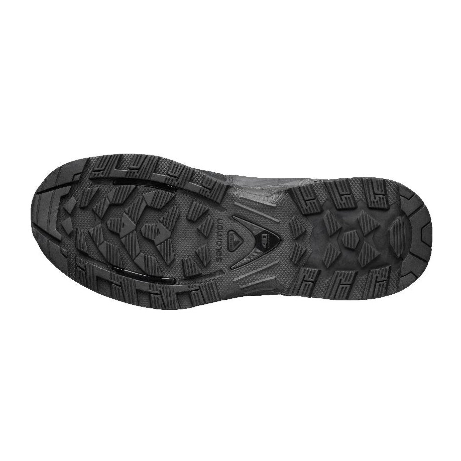Bottom view of the Black Salomon Quest 4D Forces 2 Boot featuring a Contagrip outsole for traction on uneven and challenging terrain.
