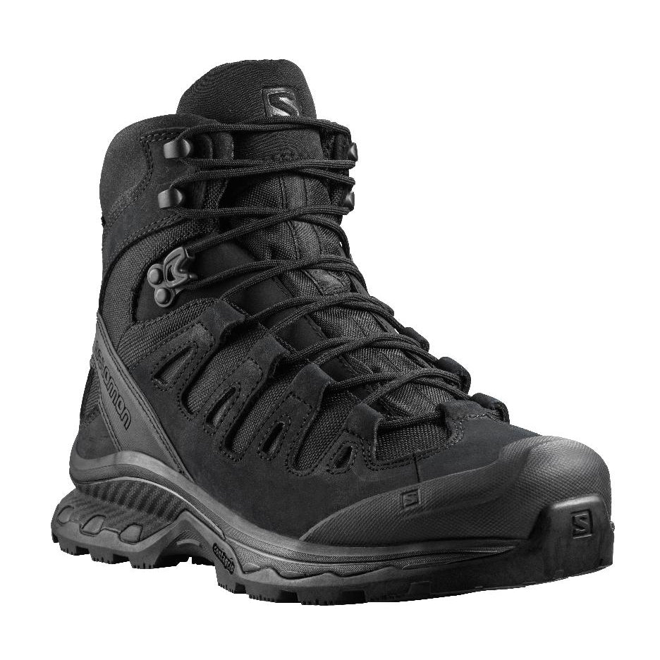 Front angled view of the Black Salomon Quest 4D Forces 2 Boot highlighting the lace system, protective upper, and tactical construction.