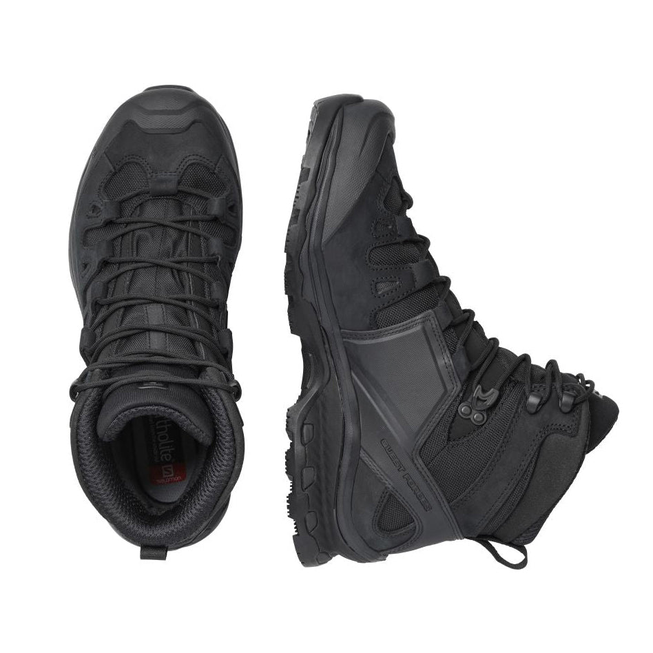 Pair of Black Salomon Quest 4D Forces 2 Boots showcasing the supportive high-cut design and aggressive tactical outsole.