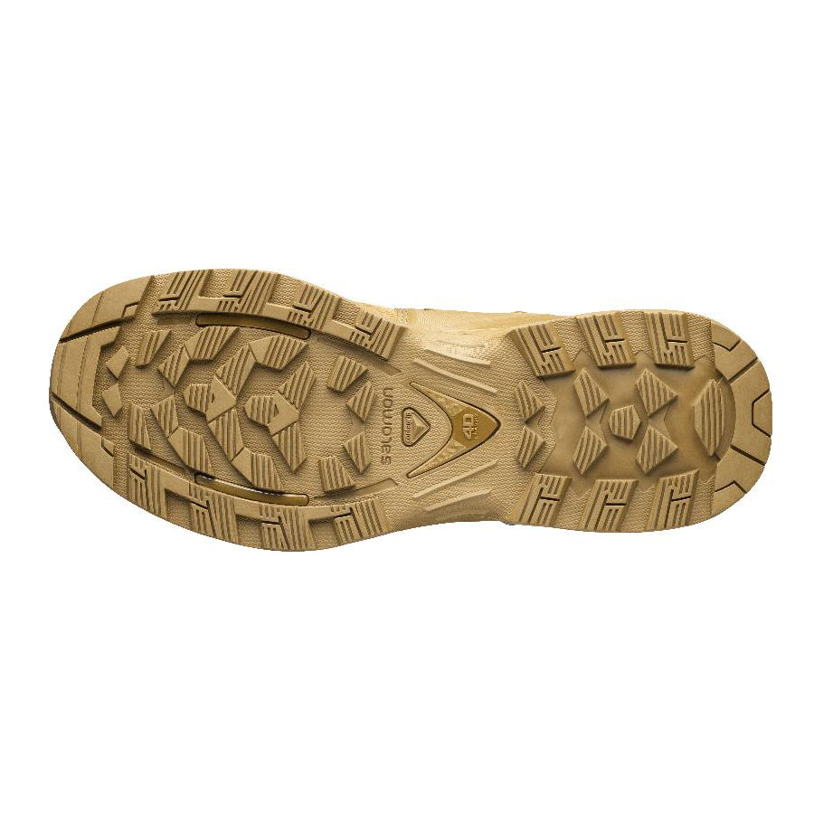 Bottom view of the Salomon Quest 4D Forces 2 Boot in Coyote Brown featuring an aggressive Contagrip tread pattern.