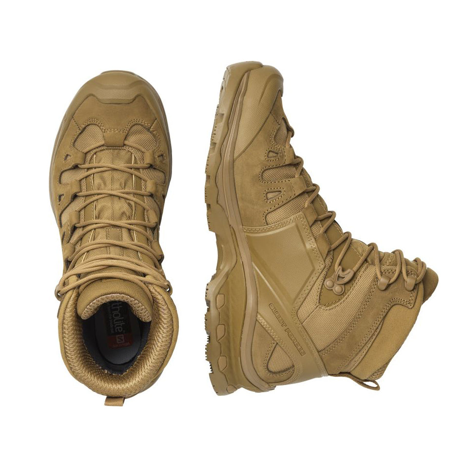 Pair of Salomon Quest 4D Forces 2 Boots in Coyote Brown showcasing the supportive combat boot design and durable leather upper.