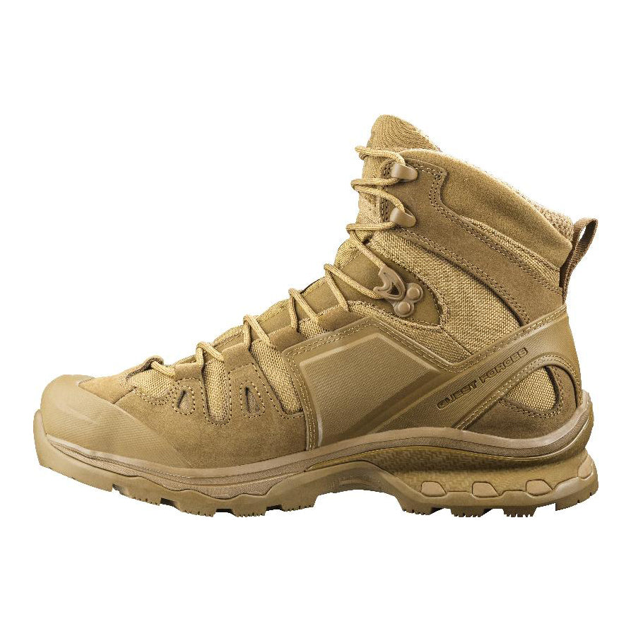 Side profile of the Salomon Quest 4D Forces 2 Boot in Coyote Brown built for harsh terrain, heavy loads, and extended missions.