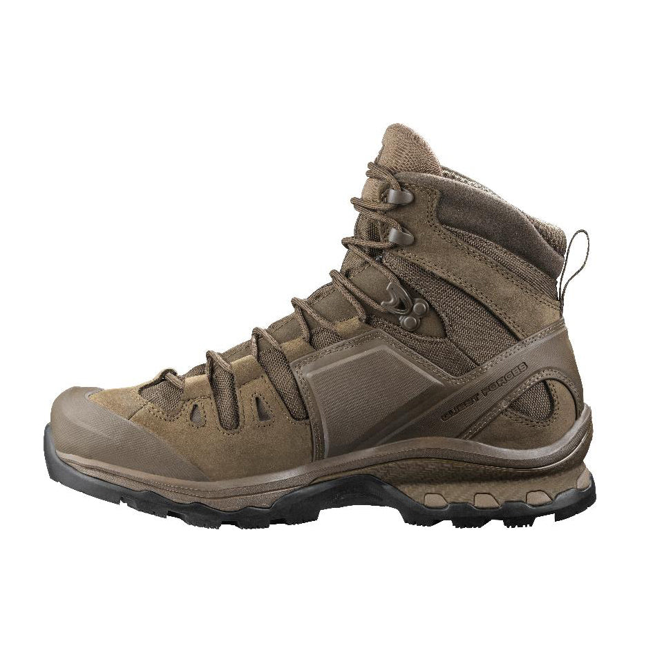 Pair of Ranger Brown Salomon Quest 4D Forces 2 Boots featuring durable leather construction and advanced stability technology.