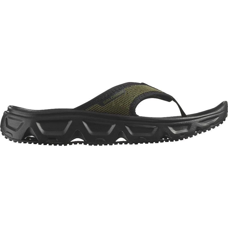 Lateral profile of the Salomon RX Break Forces Sandal highlighting the breathable upper, EnergyCell cushioning, and low-profile recovery sandal silhouette.