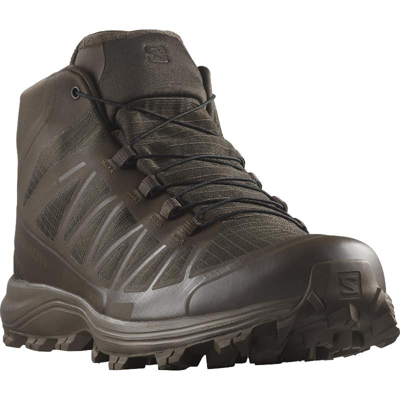 3/4 front view of Salomon SPEED ASSAULT 2 tactical boots in Earth Brown showing reinforced toe and breathable upper. Lightweight, fast-drying military footwear built for desert, jungle, and training operations with Quicklace® system and rugged grip.