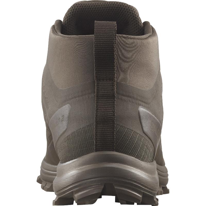 Heel view of Salomon SPEED ASSAULT 2 tactical boots in Earth Brown showing reinforced heel and mid-height support. Lightweight, breathable tactical footwear built for speed, durability, and stability in desert, jungle, and field operations.