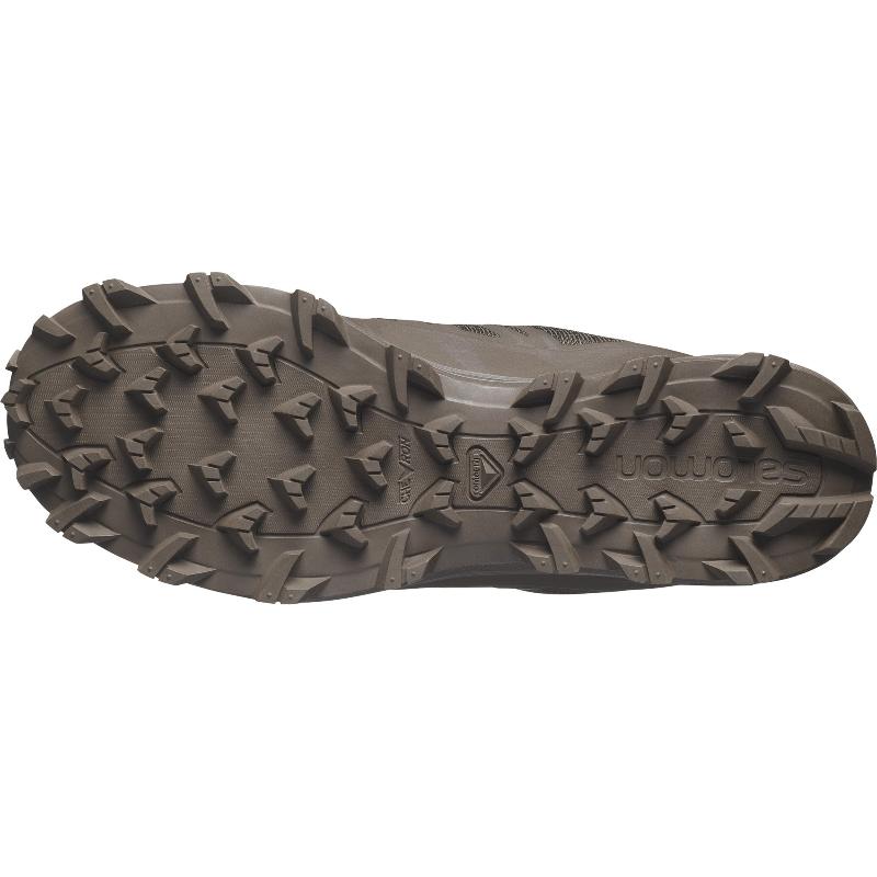 Bottom sole view of Salomon SPEED ASSAULT 2 tactical boots in Earth Brown showing aggressive rubber tread for superior traction and drainage. Lightweight, quick-drying tactical boots built for desert, law enforcement, jungle, and military training operations.