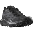 Three-quarter view of the Salomon Trail Running Shoe in Black highlighting the reinforced toe, breathable mesh upper, and durable slip-resistant rubber outsole. Tactical trail running shoe built for law enforcement, EMS, and outdoor professionals needing speed, traction, and all-day comfort. Perfect hybrid for duty work, mixed-terrain patrols, and off-duty training.