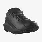 Three-quarter view of the Salomon Trail Running Shoe in Black Leather showing the rugged toe reinforcement, supportive midsole, and slip-resistant tread. Built for law enforcement, EMS, and tactical professionals who need dependable traction and comfort from pavement to patrol. Durable leather upper adds protection and polish, making it ideal for uniform-approved duty wear and off-duty training.
