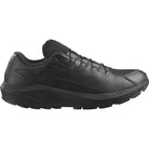 Product shot of the Salomon Trail Running Shoe in Black Leather built for tactical performance, trail running, and law enforcement duty wear. Features a durable leather and textile upper, Quicklace® system for secure fit, and ASTM F3445-rated slip-resistant rubber outsole. Ideal for officers, EMS, and first responders who need all-day comfort and rugged traction in one hybrid tactical shoe.