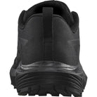 Back heel view of the Salomon Trail Running Shoe in Black highlighting the reinforced heel counter, padded collar, and stability-focused design. Tactical-grade trail running and duty shoe built for law enforcement and EMS professionals. Slip-resistant ASTM F3445-rated outsole delivers traction on slick surfaces and trails alike. Lightweight, durable, and mission-ready footwear.