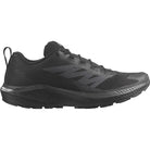 Product shot of the Salomon Trail Running Shoe in Black, a lightweight tactical trail runner built for law enforcement, EMS, and fast-moving operators. Features Quicklace® system, SensiFit™ lockdown fit, and ASTM F3445 slip-resistant rubber outsole. Ideal for mixed-terrain missions, trail running, and professional duty work. Durable, breathable, and built to perform.