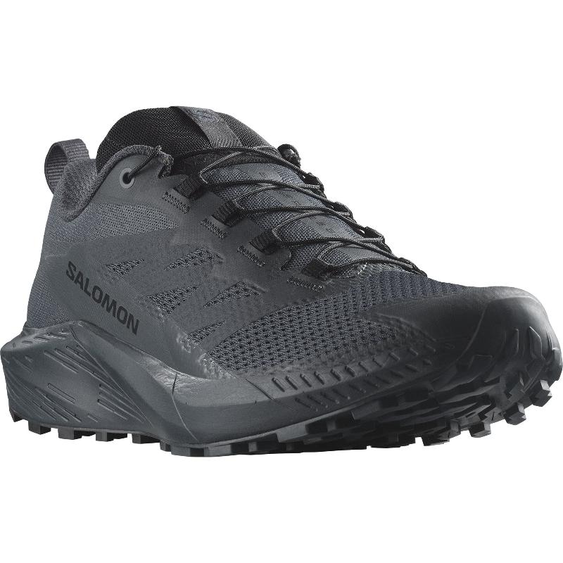 Three-quarter view of the Salomon Trail Running Shoe in India Ink (Navy Blue) highlighting the breathable mesh upper, reinforced toe, and grippy slip-resistant outsole. Tactical trail running shoe engineered for law enforcement, EMS, and fast-moving professionals who need comfort, traction, and durability on duty and off. Lightweight hybrid design built for speed, agility, and all-day performance.