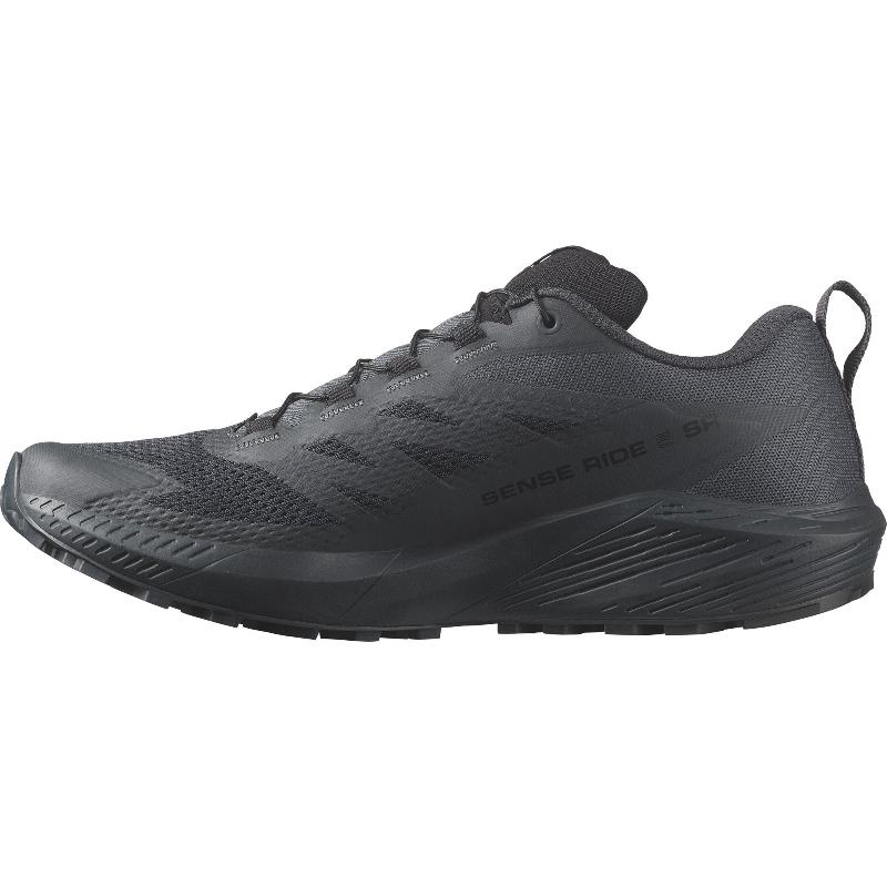 Inside side view of the Salomon Trail Running Shoe in India Ink (Navy Blue) highlighting the breathable mesh panels, reinforced side structure, and ergonomic design. Built for tactical professionals, law enforcement, and outdoor athletes who need a lightweight, slip-resistant trail running shoe for mixed-terrain missions and long shifts. Combines Quicklace® speed lacing with all-day comfort and performance durability.