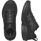 Pair of Salomon Trail Running Shoes in Black showing the sleek, low-profile tactical design and rugged slip-resistant outsole. Built for trail running, patrol, and all-day duty comfort with Quicklace® system, breathable mesh upper, and durable rubber traction. Ideal for law enforcement, EMS, and fast-moving professionals who need reliable hybrid trail-to-duty shoes.
