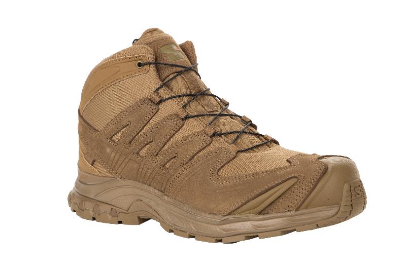 3/4 front view of Salomon XA FORCES MID Coyote tactical boots | Lightweight desert combat boots with Quicklace system reinforced toe cap and stable mid chassis built for law enforcement and military operators on all terrain missions