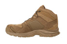 Side profile view of Salomon XA FORCES MID Coyote tactical boots | Lightweight desert military footwear with Quicklace lacing system reinforced chassis and rugged outsole designed for law enforcement and military operators on all terrain missions