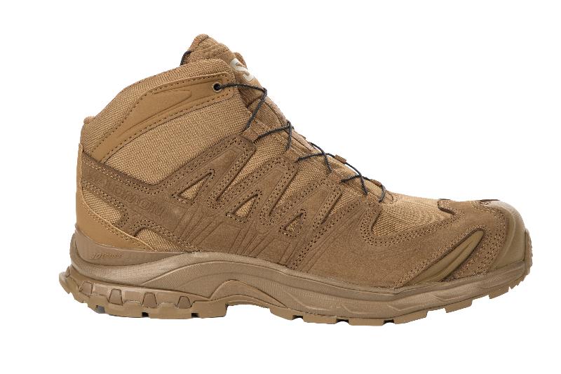 Side view of Salomon XA FORCES MID Coyote tactical boots | Lightweight desert military footwear with Quicklace system stable mid height chassis and rugged outsole designed for law enforcement and all terrain combat operations