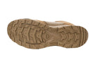 Sole tread view of Salomon XA FORCES MID Coyote tactical boots | Lightweight desert combat footwear with rugged rubber outsole aggressive traction pattern and Quicklace system built for military and law enforcement operators in all terrain missions