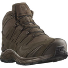 3/4 front view of Salomon XA FORCES MID Earth Brown tactical boots | Best lightweight military combat boots with Quicklace system reinforced mid chassis and rugged all terrain traction outsole designed for law enforcement patrol and tactical operations